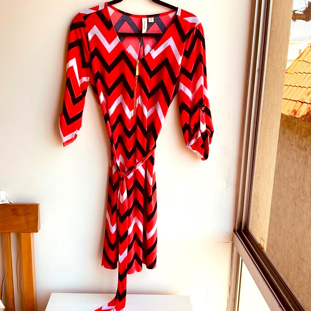 NWOT Red, Black and White Silky Soft Chevron Dress